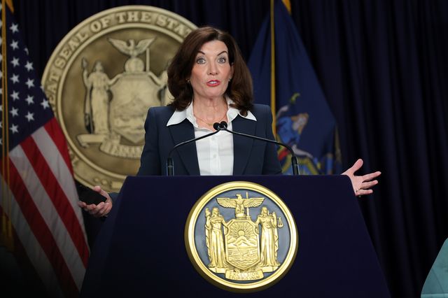 New York Gov. Kathy Hochul speaks during a Covid-19 press conference in February.